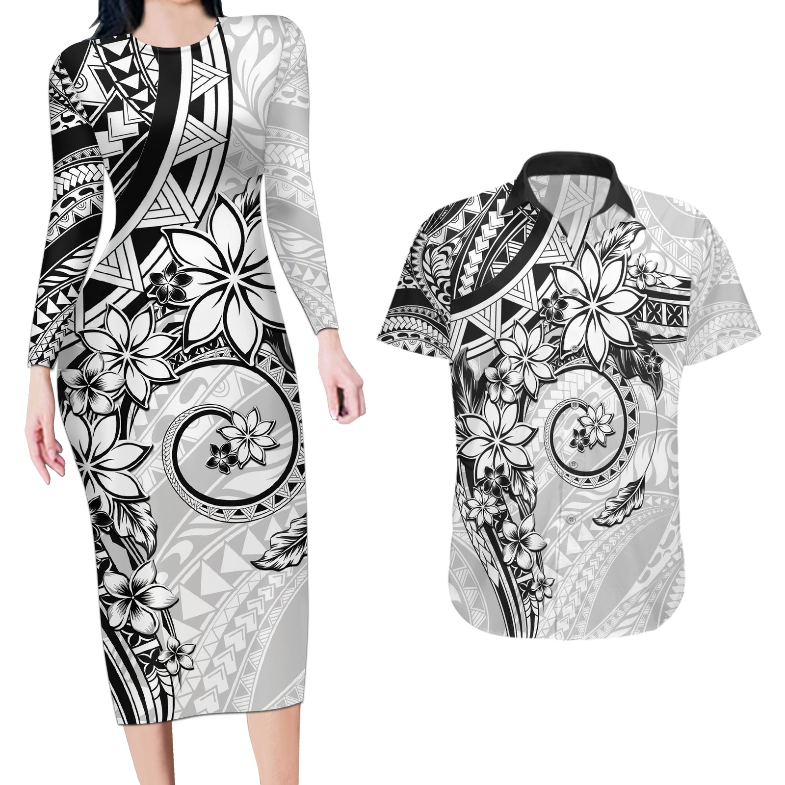 Polynesian Pattern With Plumeria Flowers Couples Matching Long Sleeve Bodycon Dress and Hawaiian Shirt White LT05 White - Polynesian Pride