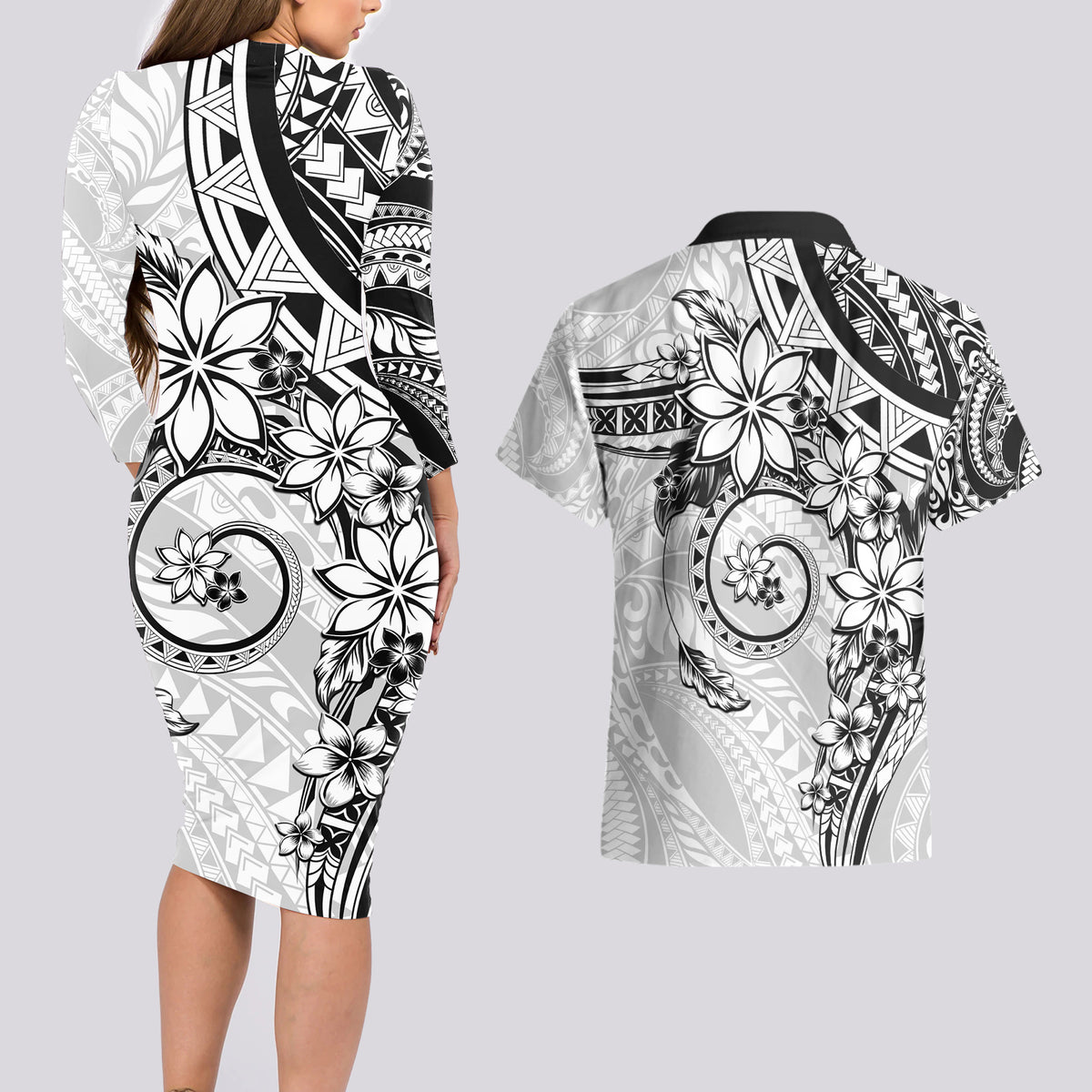 Polynesian Pattern With Plumeria Flowers Couples Matching Long Sleeve Bodycon Dress and Hawaiian Shirt White LT05 - Polynesian Pride