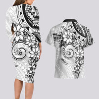 Polynesian Pattern With Plumeria Flowers Couples Matching Long Sleeve Bodycon Dress and Hawaiian Shirt White LT05 - Polynesian Pride