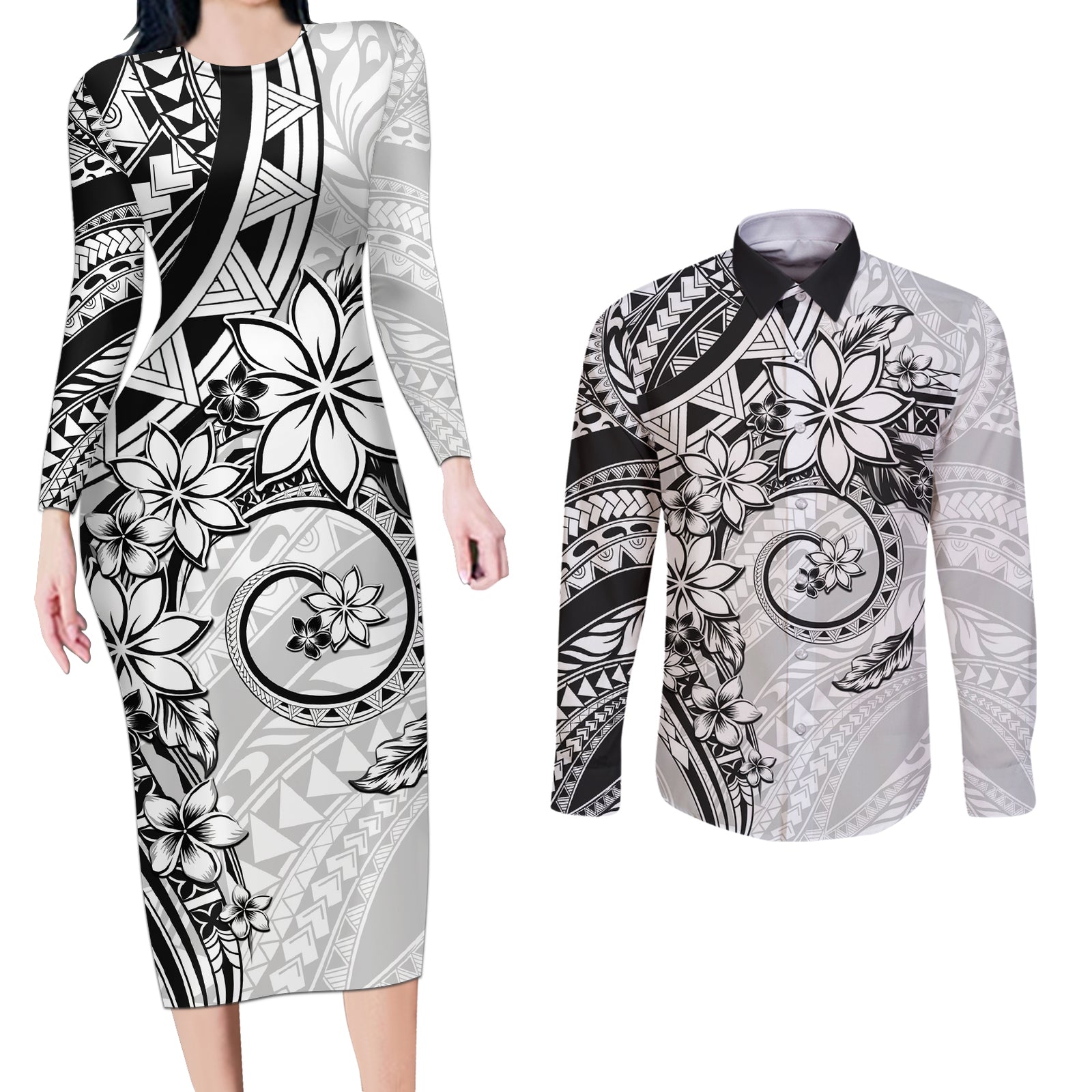 Polynesian Pattern With Plumeria Flowers Couples Matching Long Sleeve Bodycon Dress and Long Sleeve Button Shirt White LT05 White - Polynesian Pride