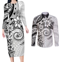 Polynesian Pattern With Plumeria Flowers Couples Matching Long Sleeve Bodycon Dress and Long Sleeve Button Shirt White LT05 White - Polynesian Pride