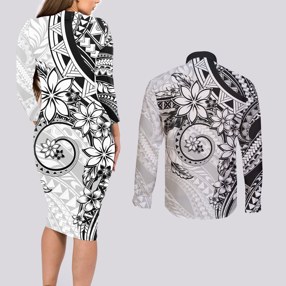 Polynesian Pattern With Plumeria Flowers Couples Matching Long Sleeve Bodycon Dress and Long Sleeve Button Shirt White LT05 - Polynesian Pride