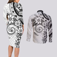 Polynesian Pattern With Plumeria Flowers Couples Matching Long Sleeve Bodycon Dress and Long Sleeve Button Shirt White LT05 - Polynesian Pride
