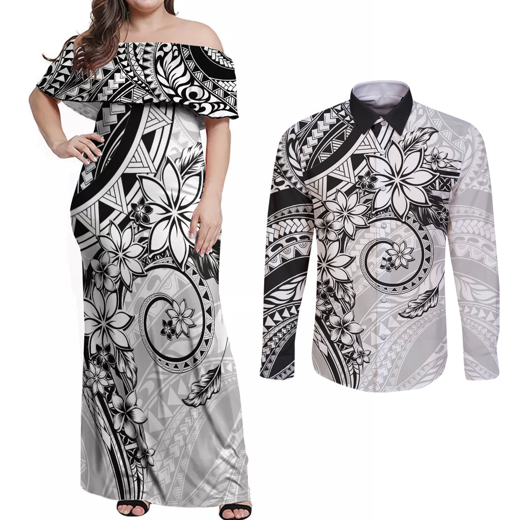 Polynesian Pattern With Plumeria Flowers Couples Matching Off Shoulder Maxi Dress and Long Sleeve Button Shirt White LT05 White - Polynesian Pride