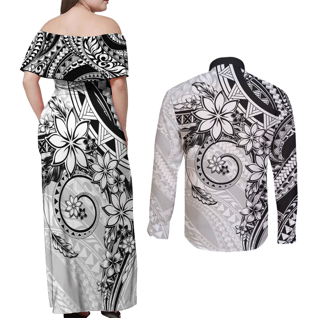 Polynesian Pattern With Plumeria Flowers Couples Matching Off Shoulder Maxi Dress and Long Sleeve Button Shirt White LT05 - Polynesian Pride