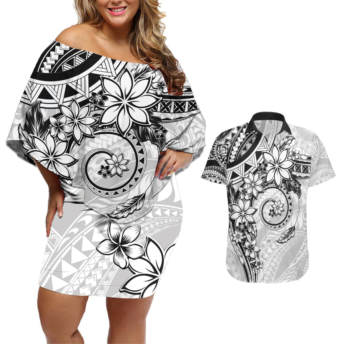 Polynesian Pattern With Plumeria Flowers Couples Matching Off Shoulder Short Dress and Hawaiian Shirt White LT05 White - Polynesian Pride