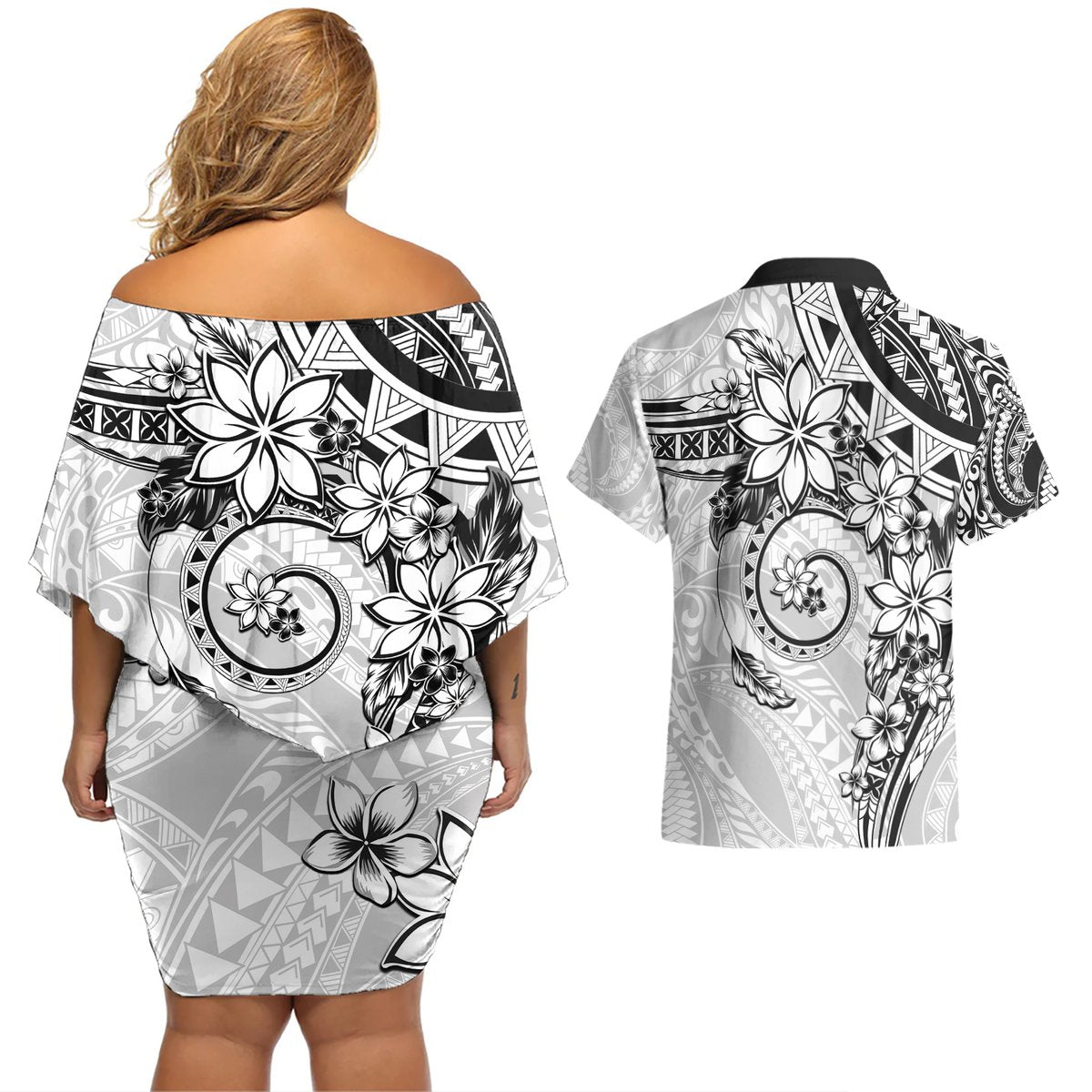 Polynesian Pattern With Plumeria Flowers Couples Matching Off Shoulder Short Dress and Hawaiian Shirt White LT05 - Polynesian Pride