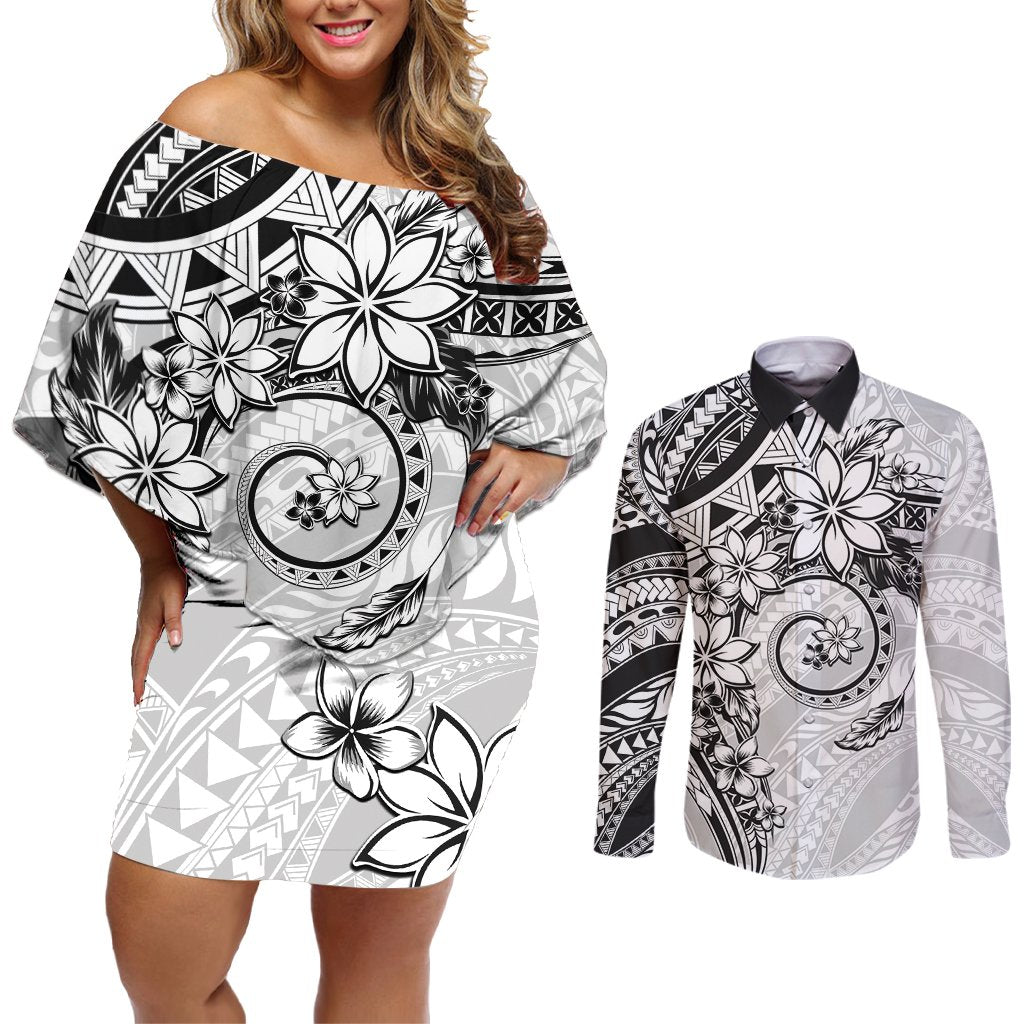 Polynesian Pattern With Plumeria Flowers Couples Matching Off Shoulder Short Dress and Long Sleeve Button Shirt White LT05 White - Polynesian Pride