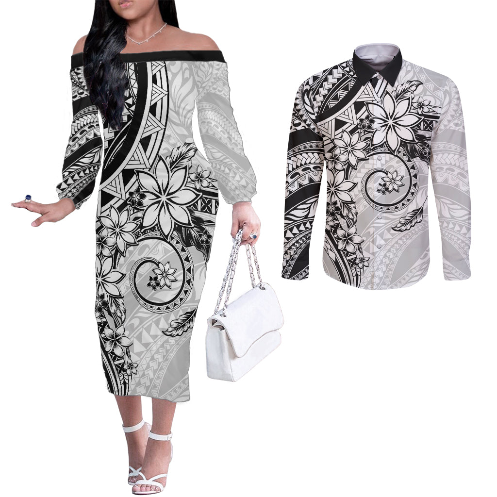 Polynesian Pattern With Plumeria Flowers Couples Matching Off The Shoulder Long Sleeve Dress and Long Sleeve Button Shirt White LT05 White - Polynesian Pride