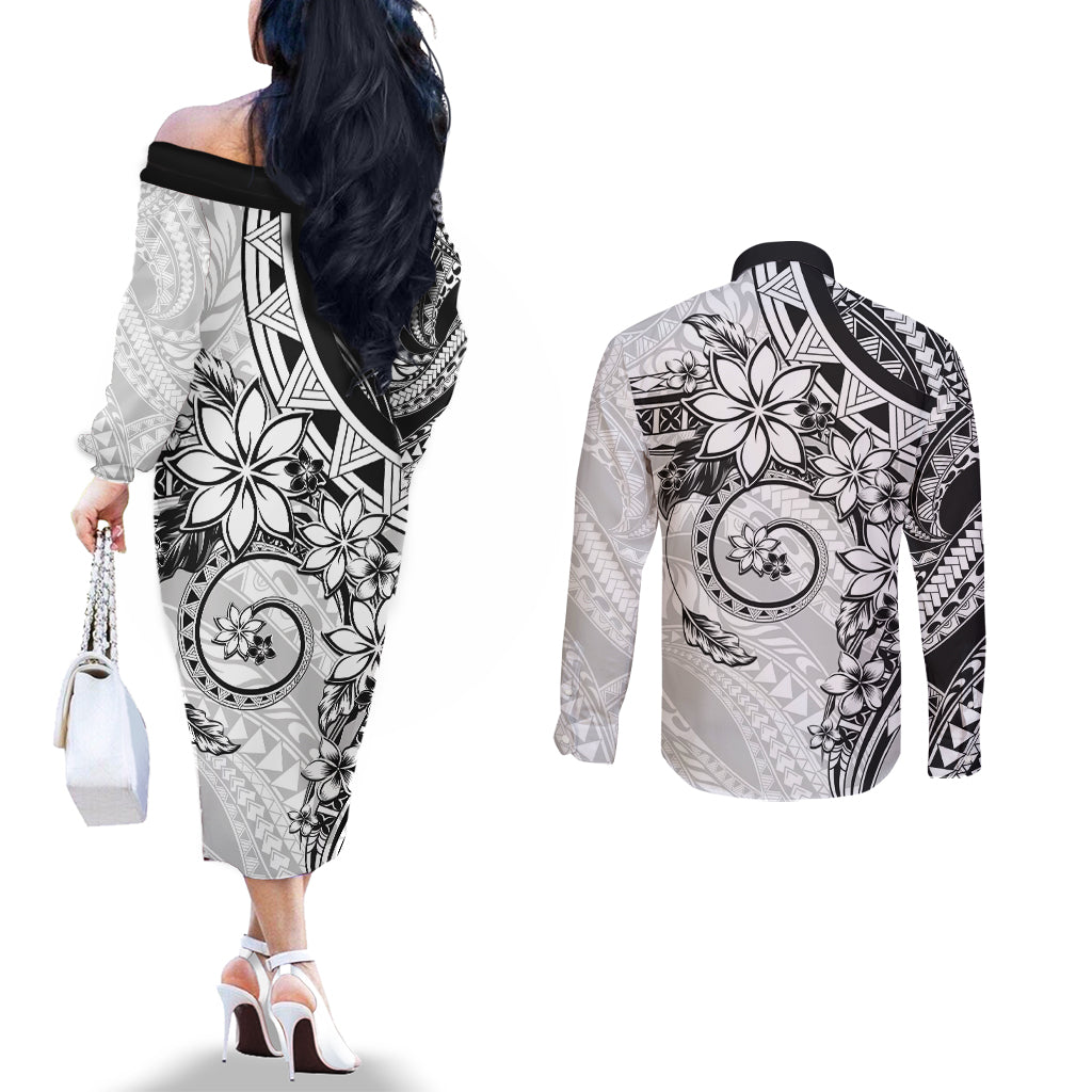 Polynesian Pattern With Plumeria Flowers Couples Matching Off The Shoulder Long Sleeve Dress and Long Sleeve Button Shirt White LT05 - Polynesian Pride