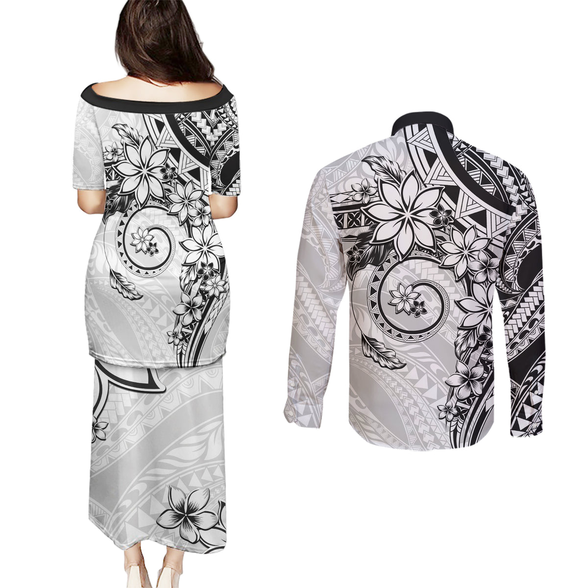 Polynesian Pattern With Plumeria Flowers Couples Matching Puletasi and Long Sleeve Button Shirt White LT05 - Polynesian Pride