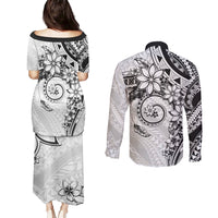 Polynesian Pattern With Plumeria Flowers Couples Matching Puletasi and Long Sleeve Button Shirt White LT05 - Polynesian Pride