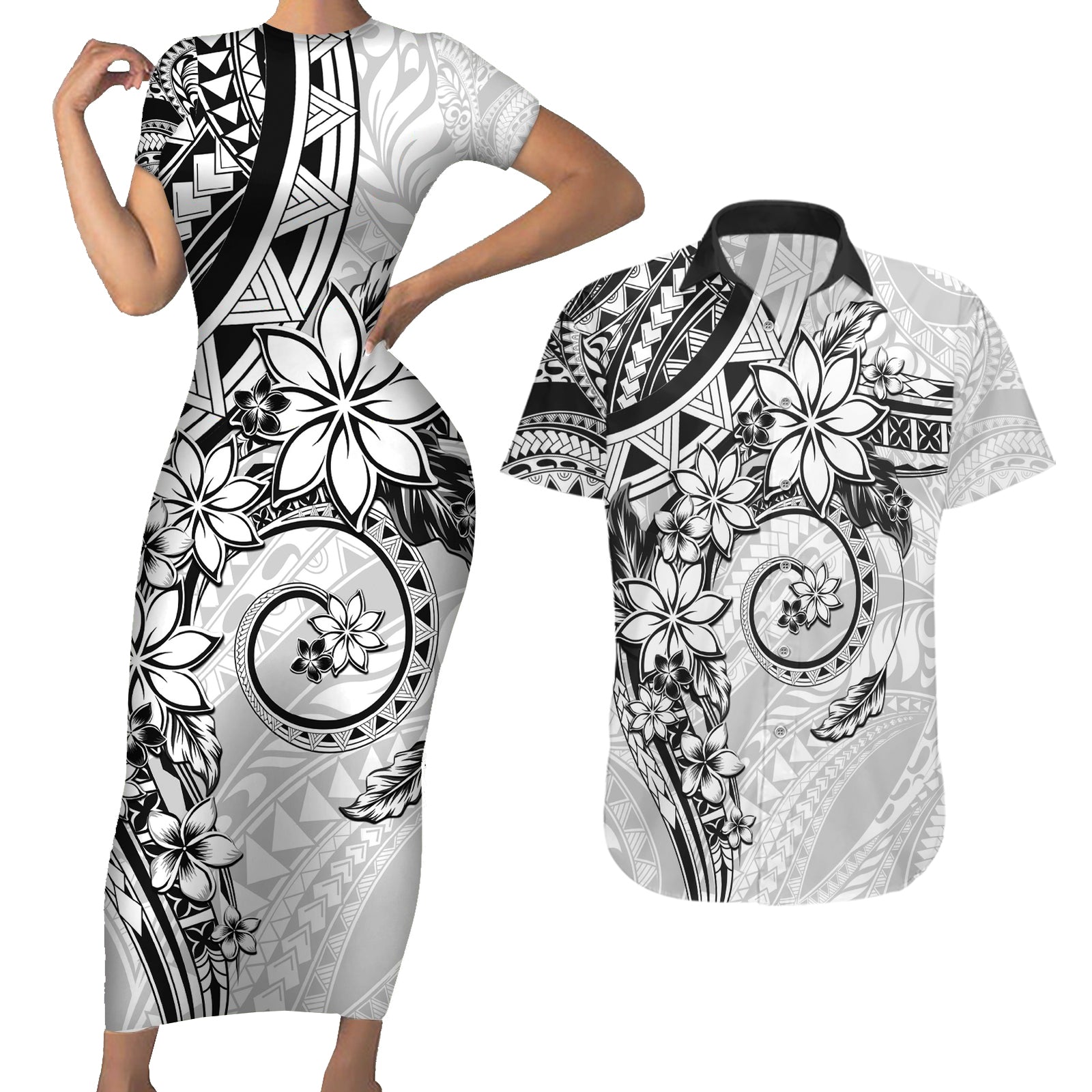 Polynesian Pattern With Plumeria Flowers Couples Matching Short Sleeve Bodycon Dress and Hawaiian Shirt White LT05 White - Polynesian Pride