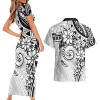 Polynesian Pattern With Plumeria Flowers Couples Matching Short Sleeve Bodycon Dress and Hawaiian Shirt White LT05 - Polynesian Pride
