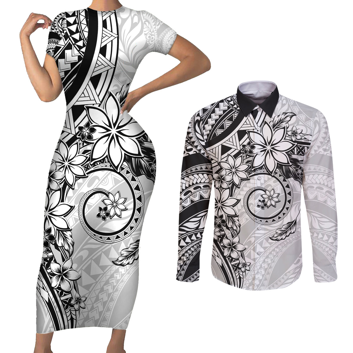 Polynesian Pattern With Plumeria Flowers Couples Matching Short Sleeve Bodycon Dress and Long Sleeve Button Shirt White LT05 White - Polynesian Pride