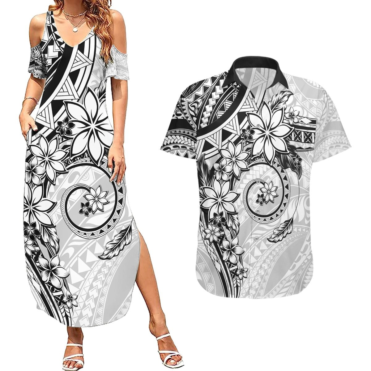 Polynesian Pattern With Plumeria Flowers Couples Matching Summer Maxi Dress and Hawaiian Shirt White LT05 White - Polynesian Pride