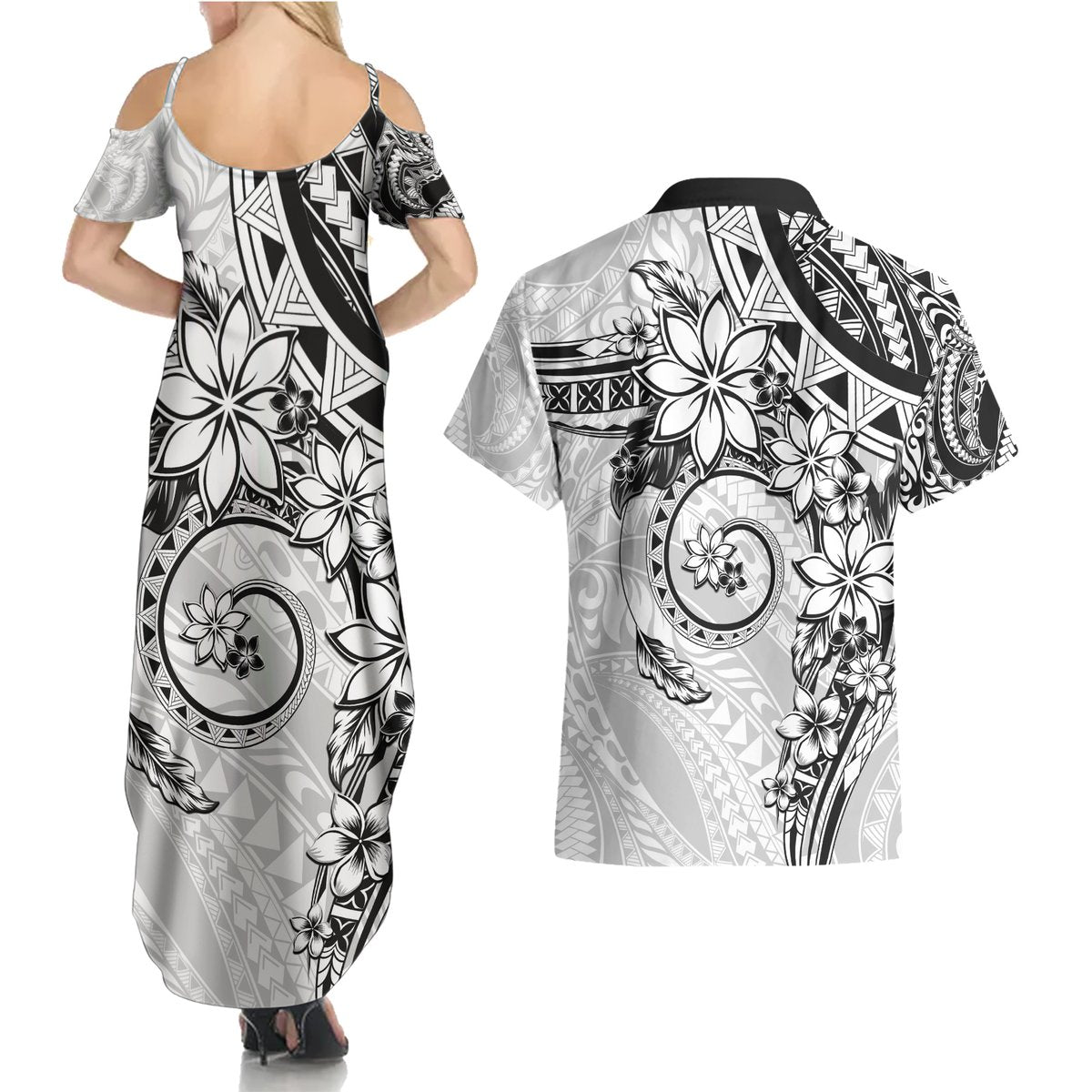 Polynesian Pattern With Plumeria Flowers Couples Matching Summer Maxi Dress and Hawaiian Shirt White LT05 - Polynesian Pride