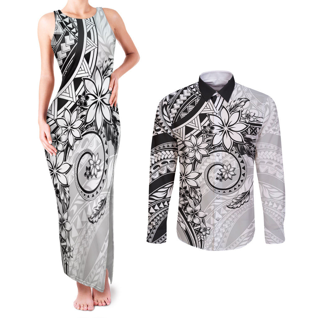 Polynesian Pattern With Plumeria Flowers Couples Matching Tank Maxi Dress and Long Sleeve Button Shirt White LT05 White - Polynesian Pride