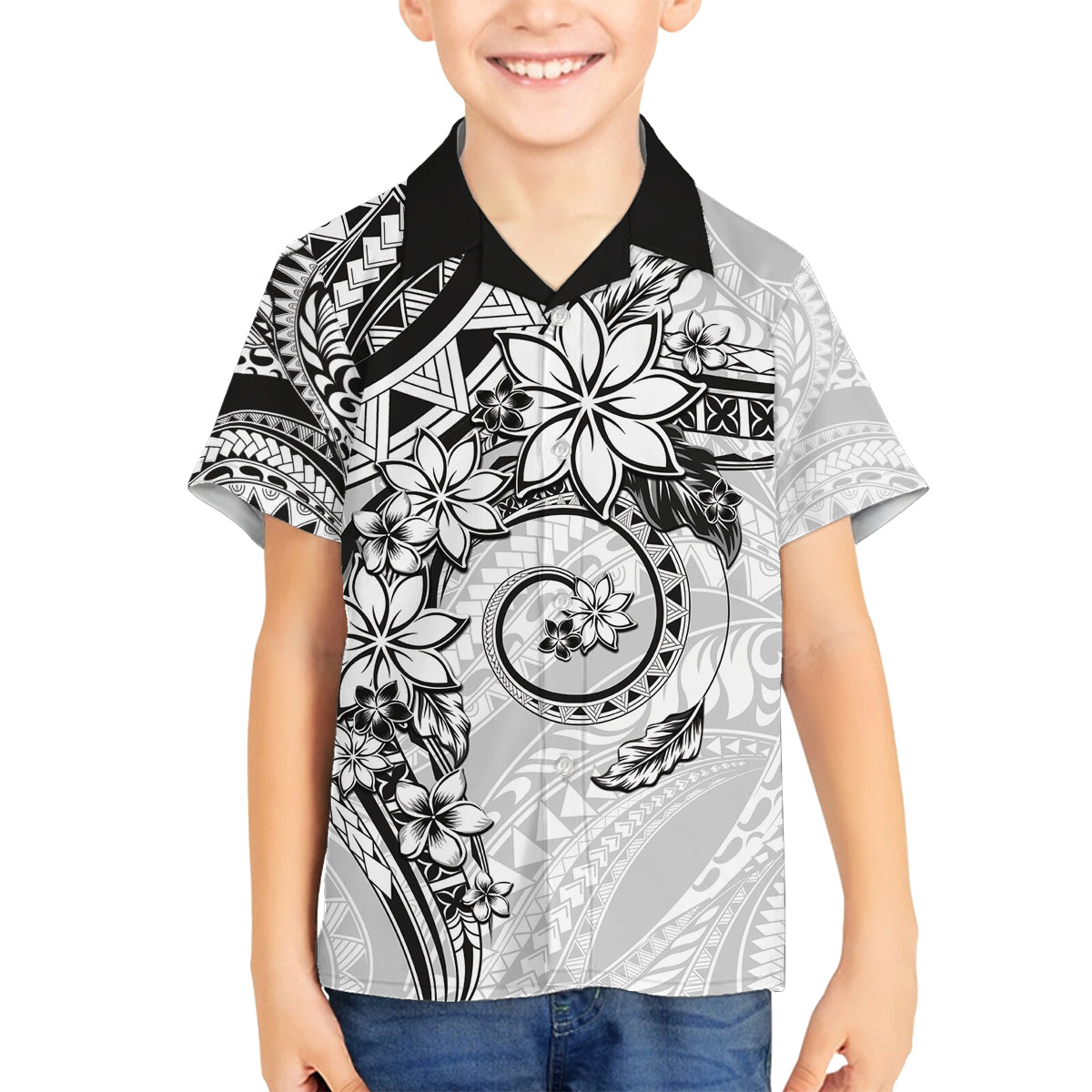 Polynesian Pattern With Plumeria Flowers Family Matching Long Sleeve Bodycon Dress and Hawaiian Shirt White