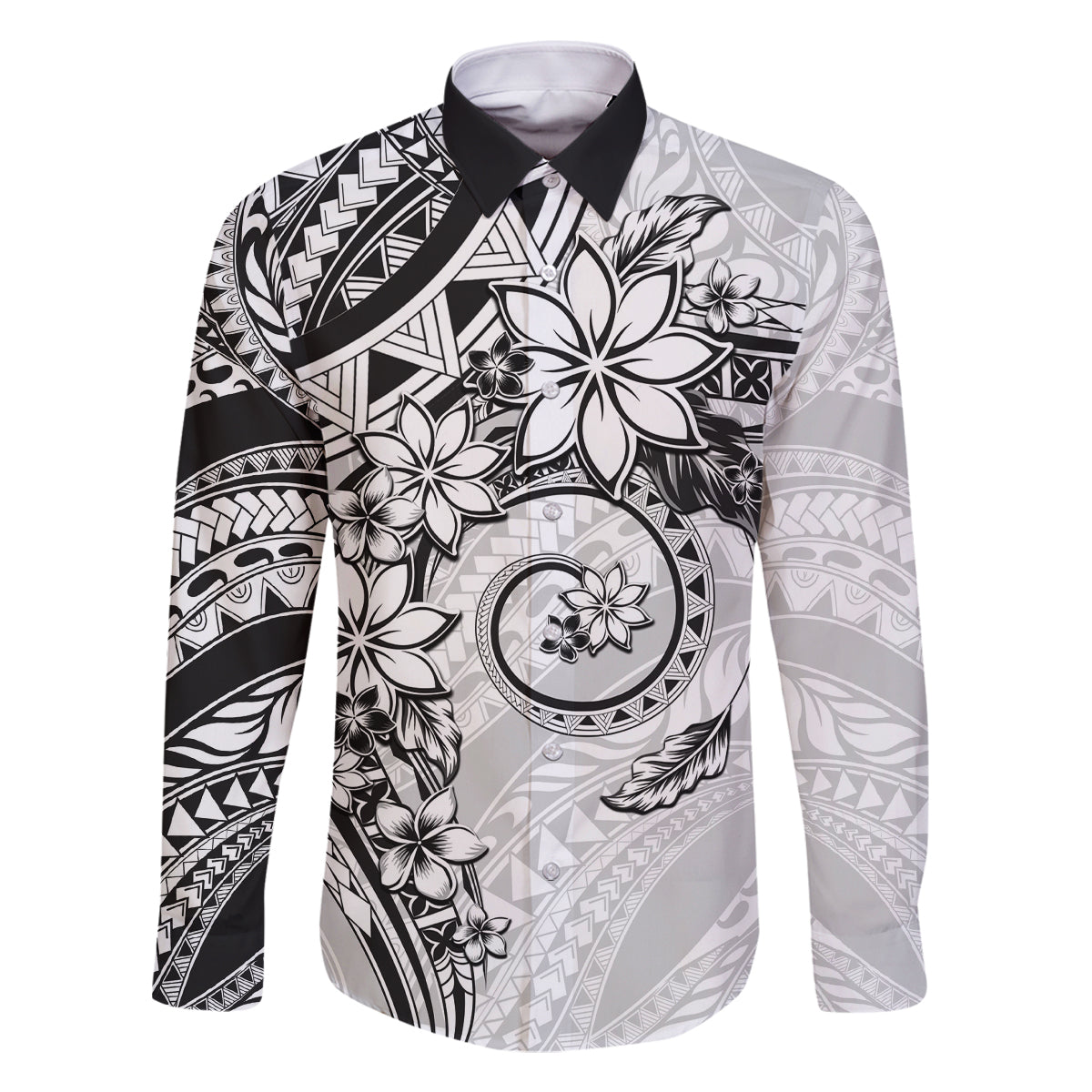 Polynesian Pattern With Plumeria Flowers Family Matching Mermaid Dress and Hawaiian Shirt White
