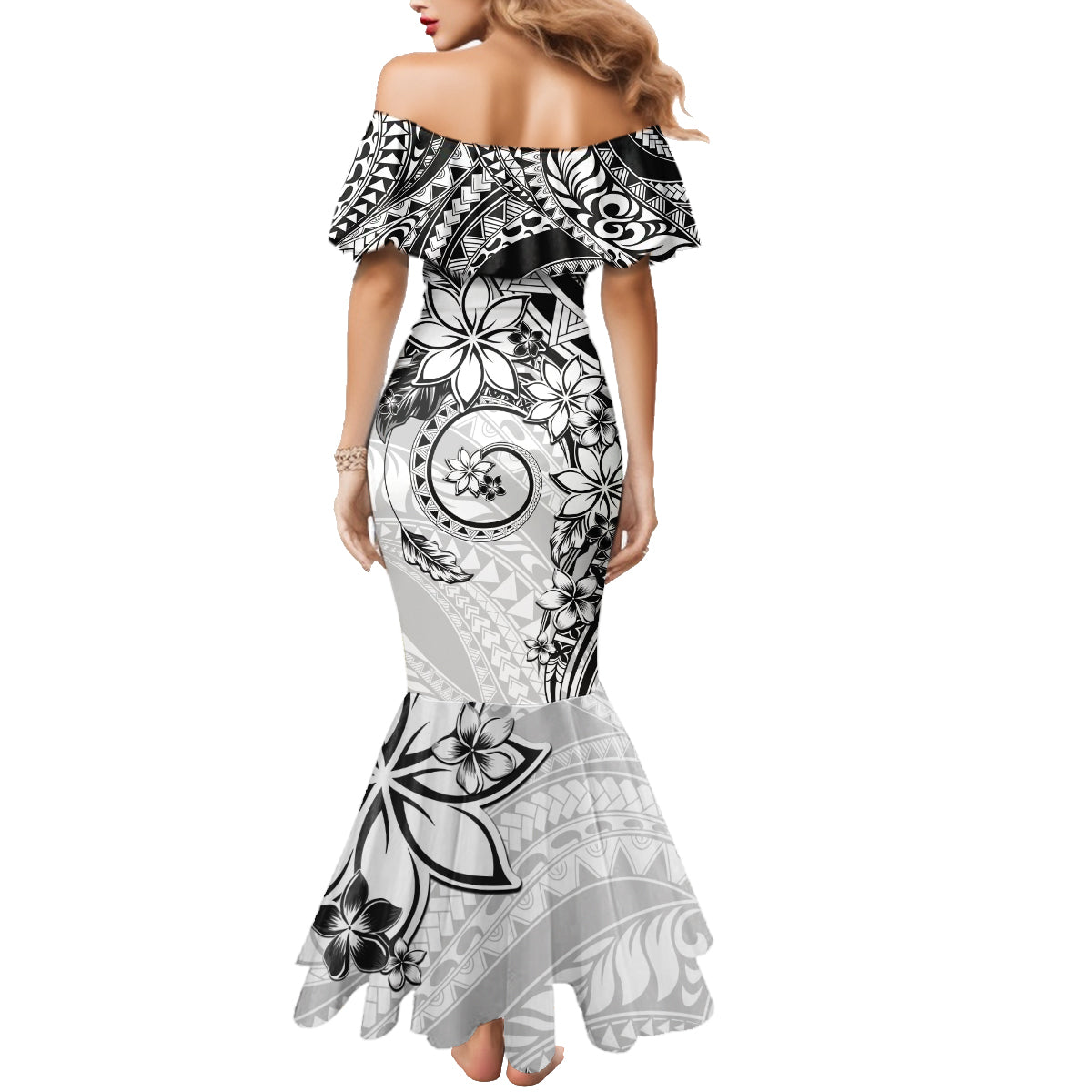 Polynesian Pattern With Plumeria Flowers Family Matching Mermaid Dress and Hawaiian Shirt White