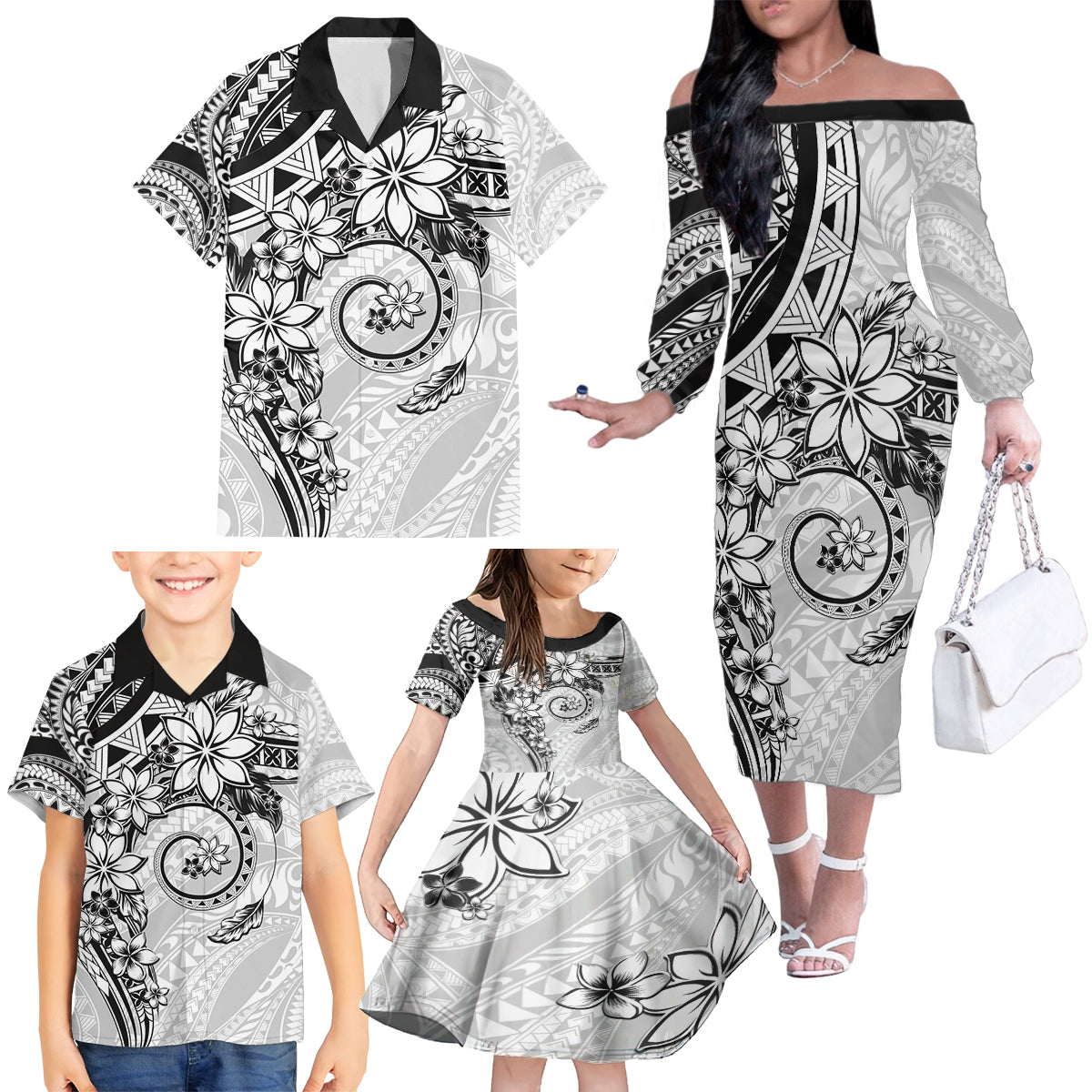 Polynesian Pattern With Plumeria Flowers Family Matching Off The Shoulder Long Sleeve Dress and Hawaiian Shirt White