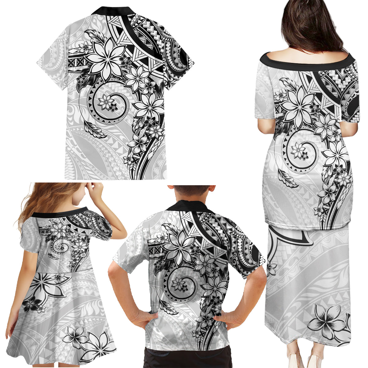 Polynesian Pattern With Plumeria Flowers Family Matching Puletasi and Hawaiian Shirt White LT05 - Polynesian Pride