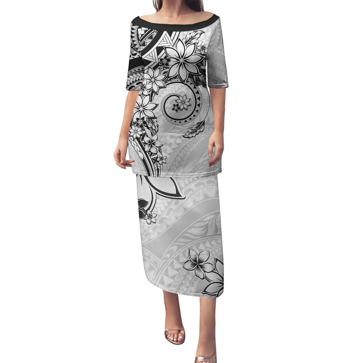 Polynesian Pattern With Plumeria Flowers Family Matching Puletasi and Hawaiian Shirt White LT05 Mom's Dress White - Polynesian Pride