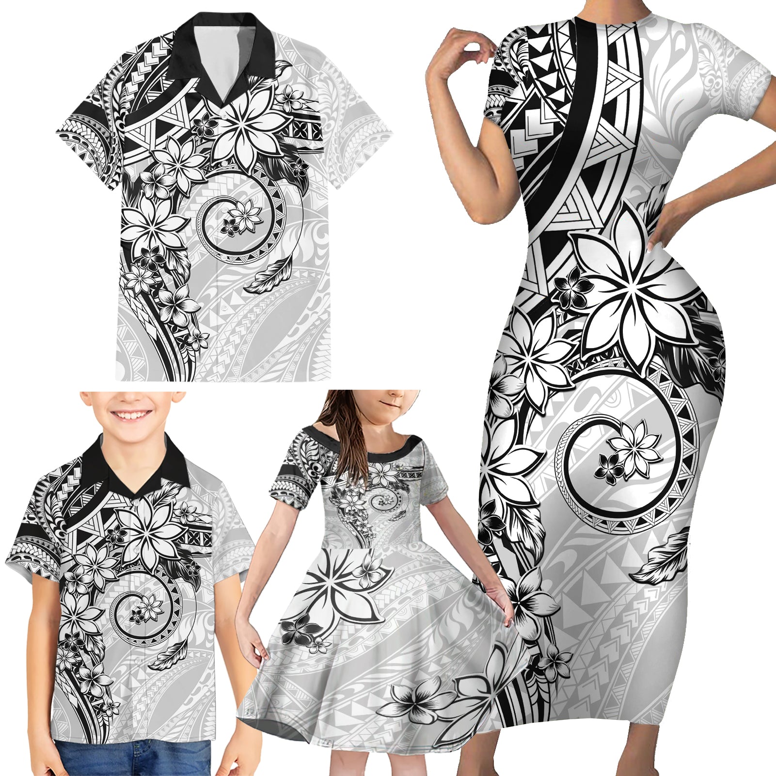 Polynesian Pattern With Plumeria Flowers Family Matching Short Sleeve Bodycon Dress and Hawaiian Shirt White