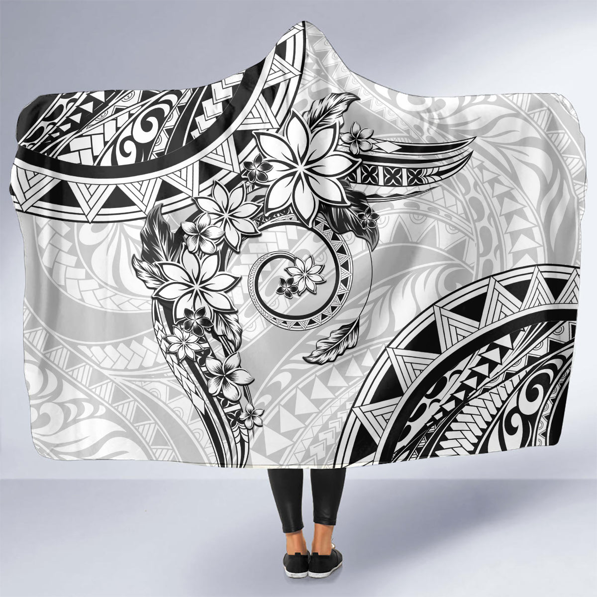 Polynesian Pattern With Plumeria Flowers Hooded Blanket White LT05 - Polynesian Pride