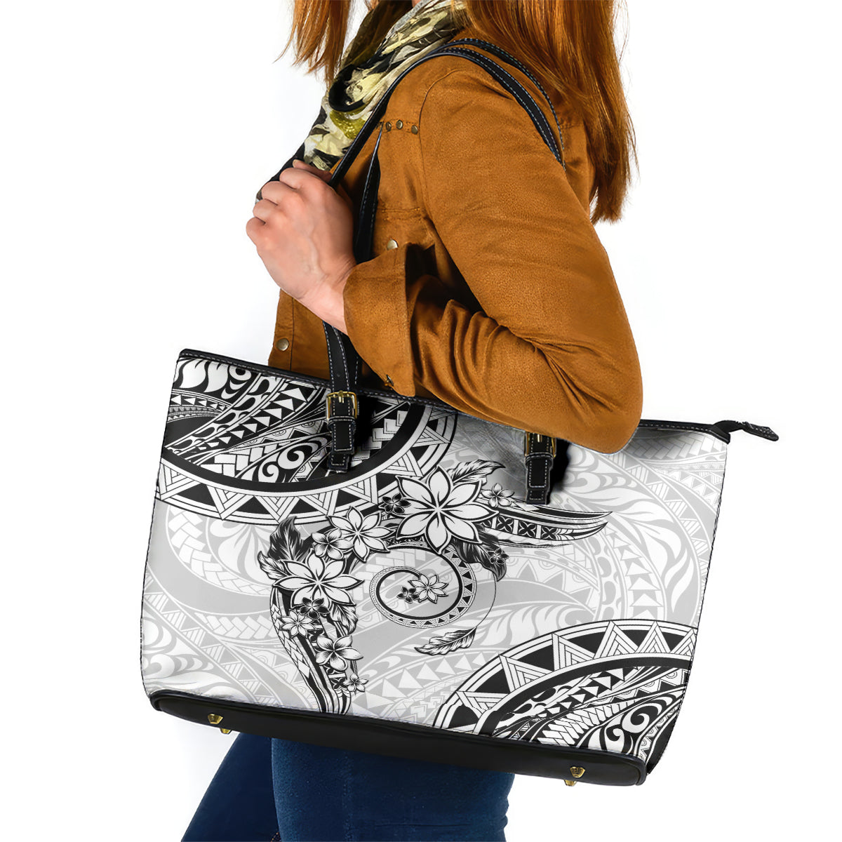 Polynesian Pattern With Plumeria Flowers Leather Tote Bag White LT05 White - Polynesian Pride
