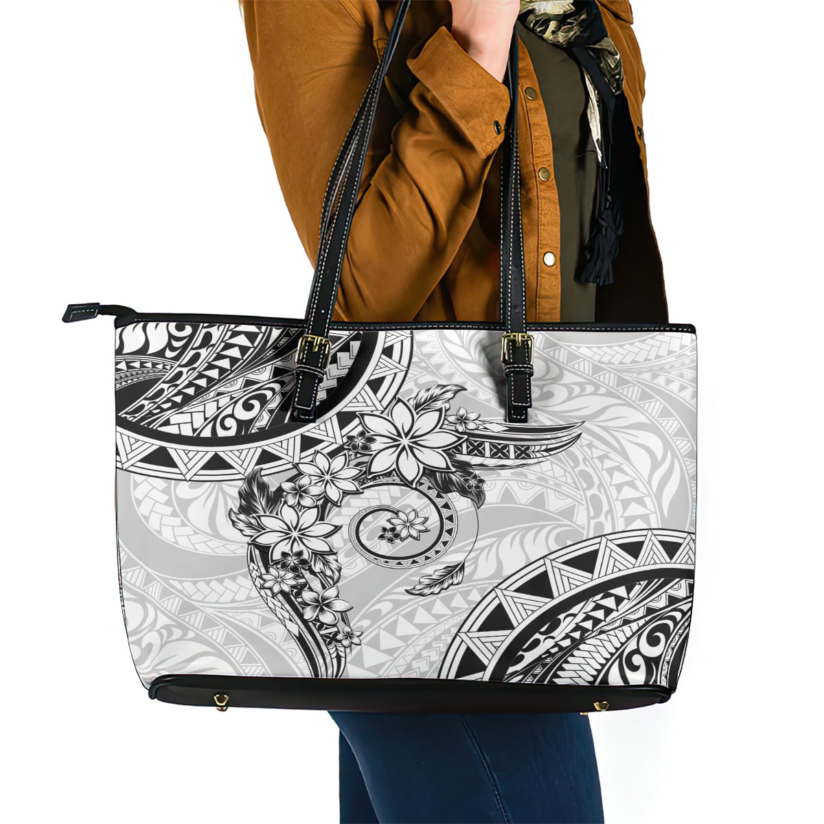 Polynesian Pattern With Plumeria Flowers Leather Tote Bag White LT05 - Polynesian Pride