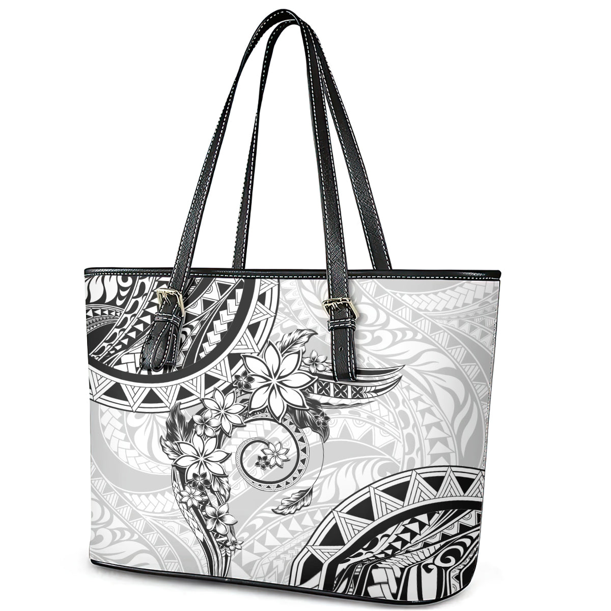 Polynesian Pattern With Plumeria Flowers Leather Tote Bag White LT05 - Polynesian Pride