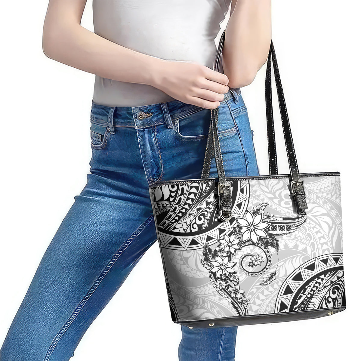 Polynesian Pattern With Plumeria Flowers Leather Tote Bag White LT05 - Polynesian Pride