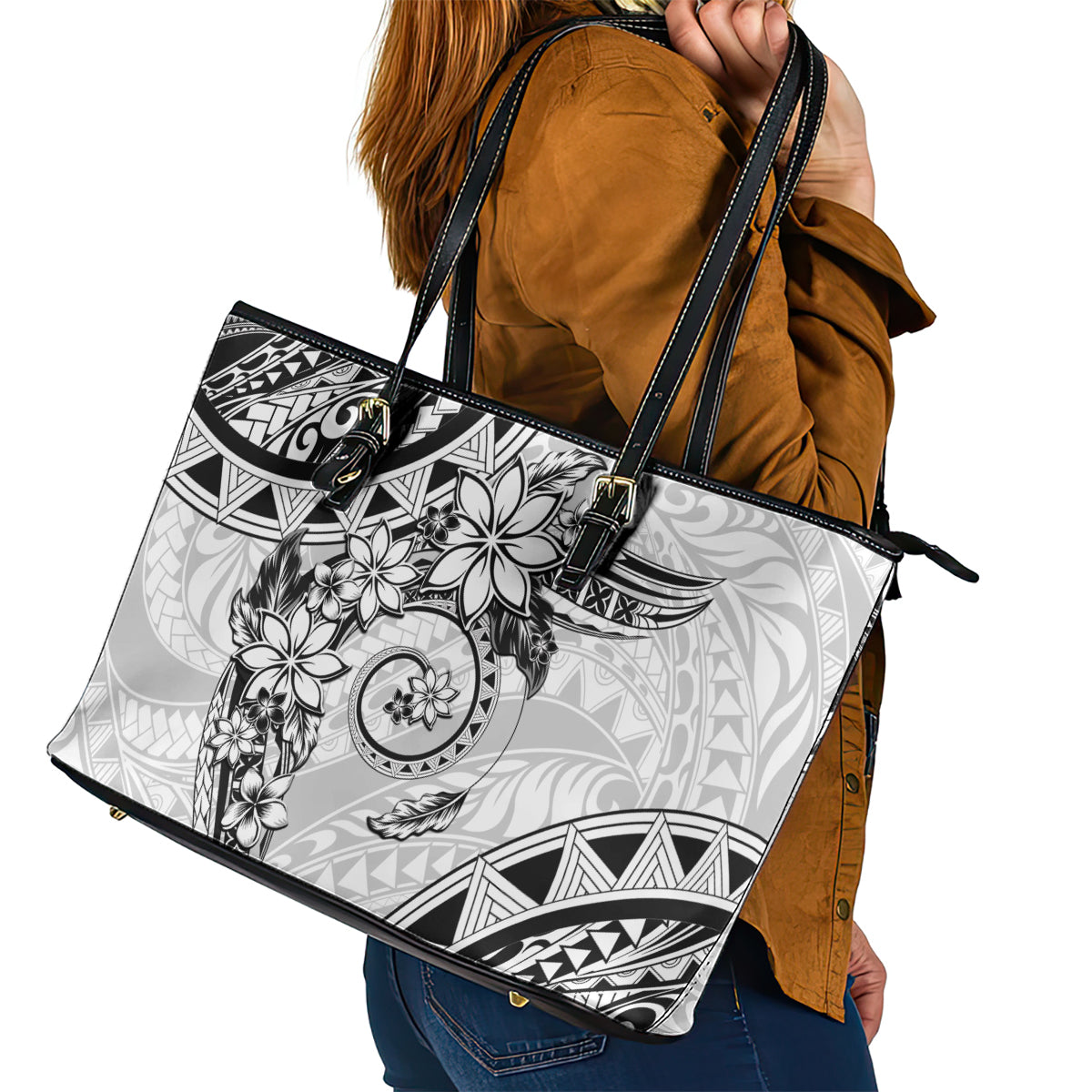 Polynesian Pattern With Plumeria Flowers Leather Tote Bag White LT05 - Polynesian Pride