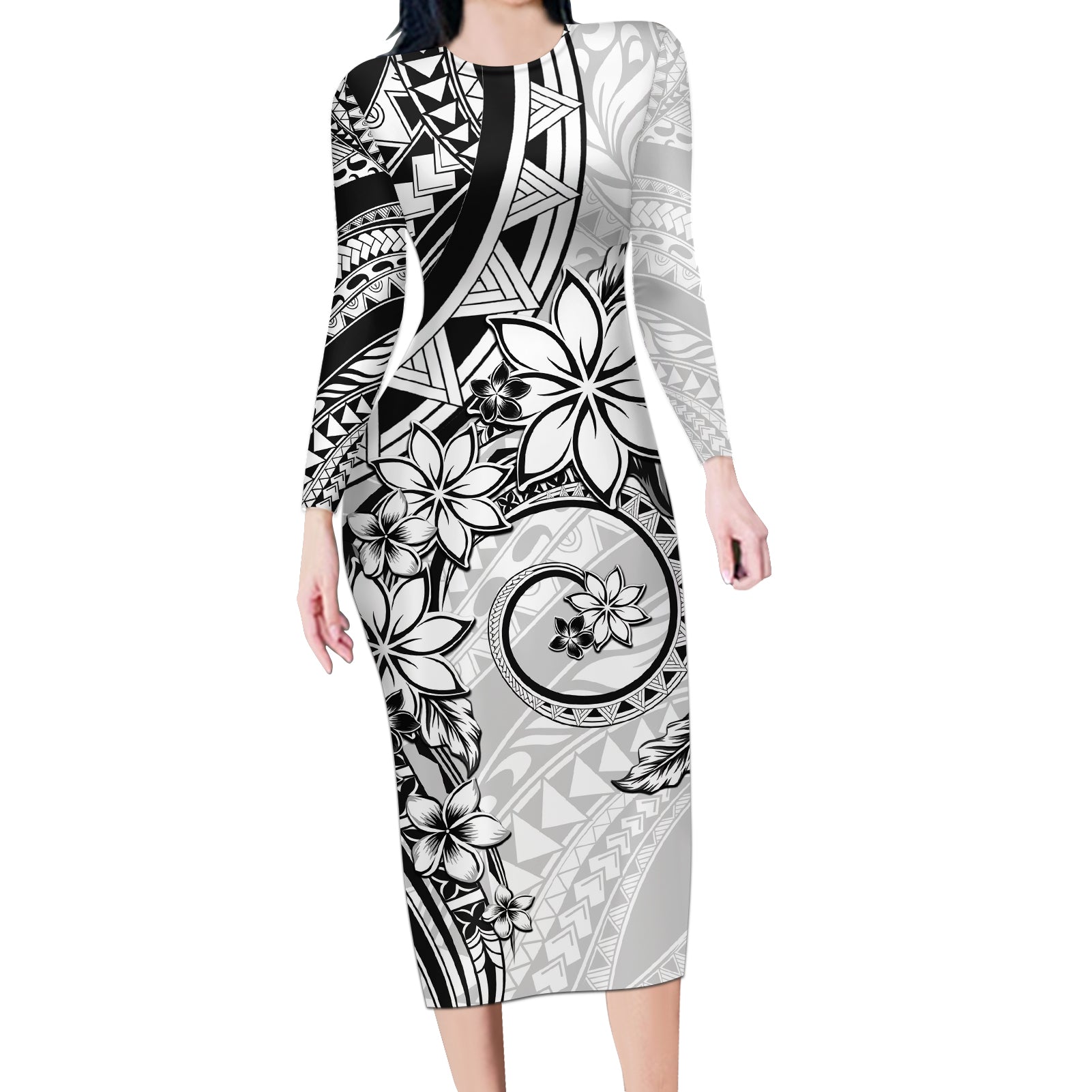 Polynesian Pattern With Plumeria Flowers Long Sleeve Bodycon Dress White