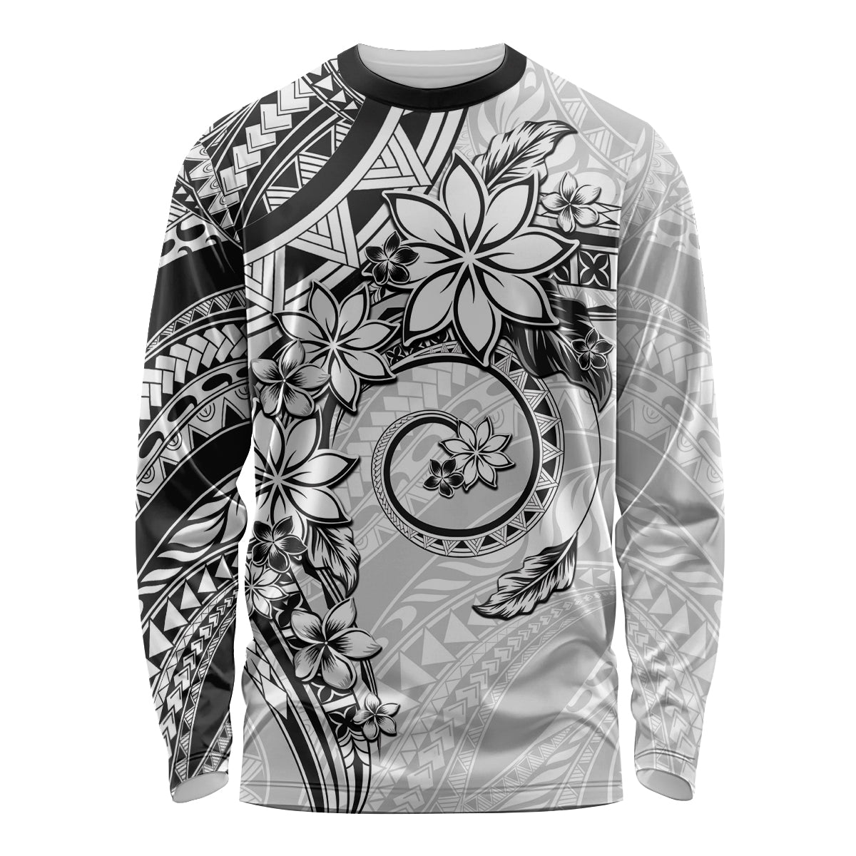 Polynesian Pattern With Plumeria Flowers Long Sleeve Shirt White