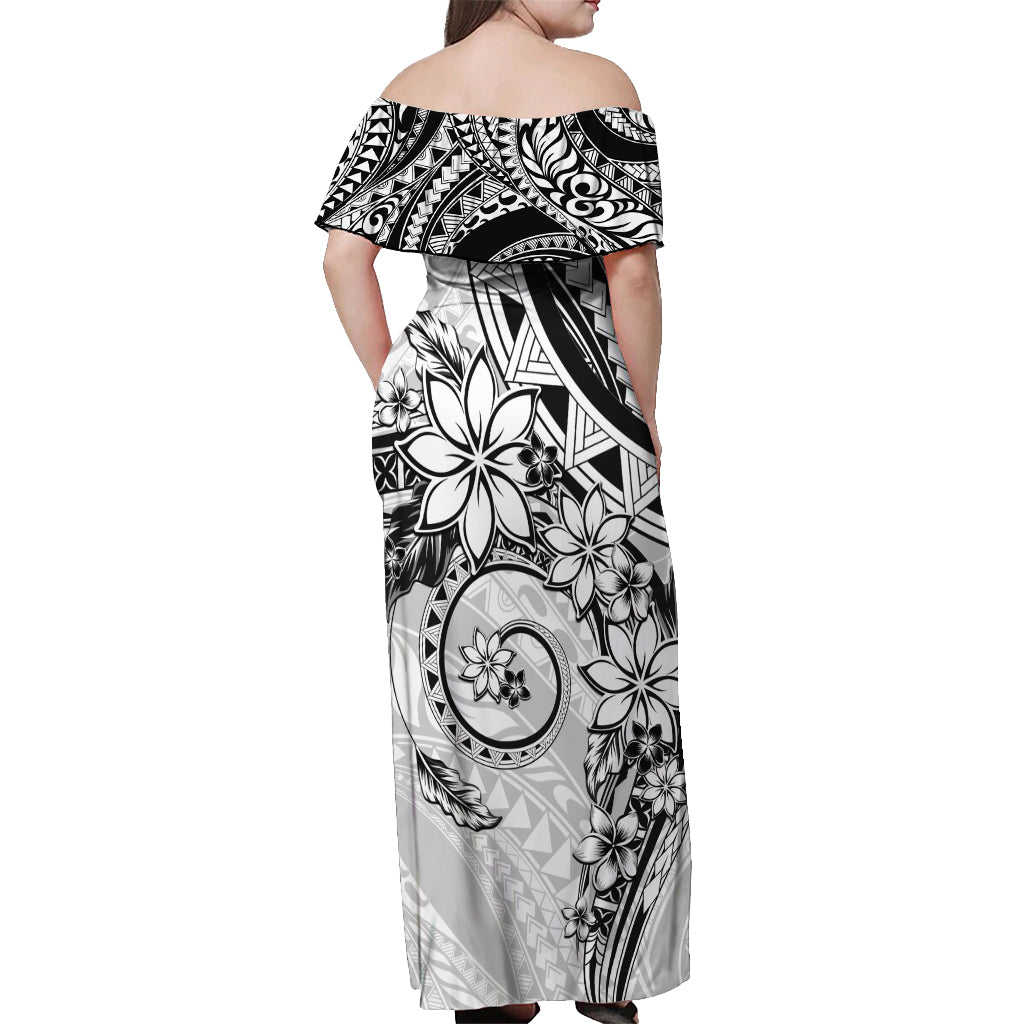 Polynesian Pattern With Plumeria Flowers Off Shoulder Maxi Dress White LT05 - Polynesian Pride