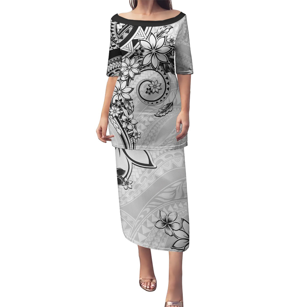 Polynesian Pattern With Plumeria Flowers Puletasi White LT05 Long Dress White - Polynesian Pride