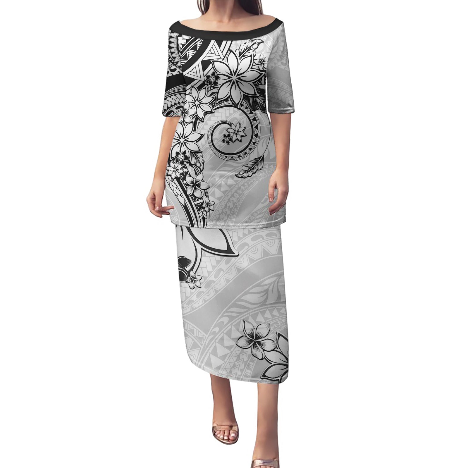Polynesian Pattern With Plumeria Flowers Puletasi White LT05 Long Dress White - Polynesian Pride