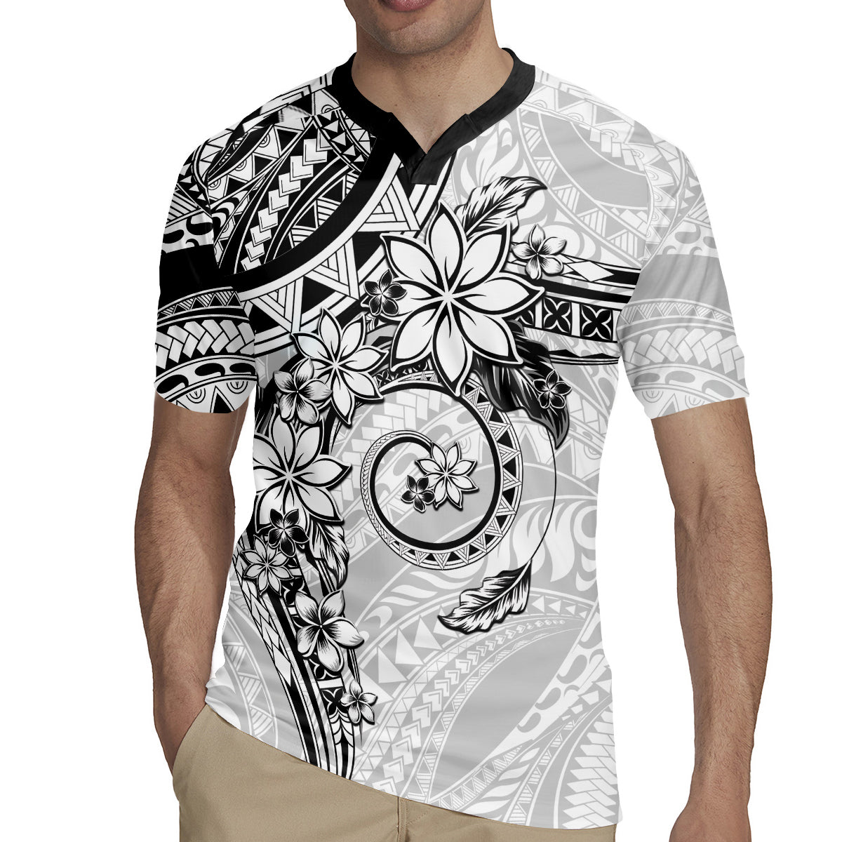 Polynesian Pattern With Plumeria Flowers Rugby Jersey White