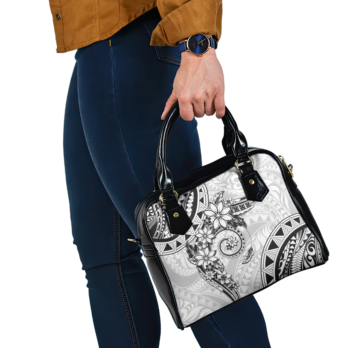 Polynesian Pattern With Plumeria Flowers Shoulder Handbag White