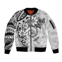 Polynesian Pattern With Plumeria Flowers Sleeve Zip Bomber Jacket White LT05 Unisex White - Polynesian Pride