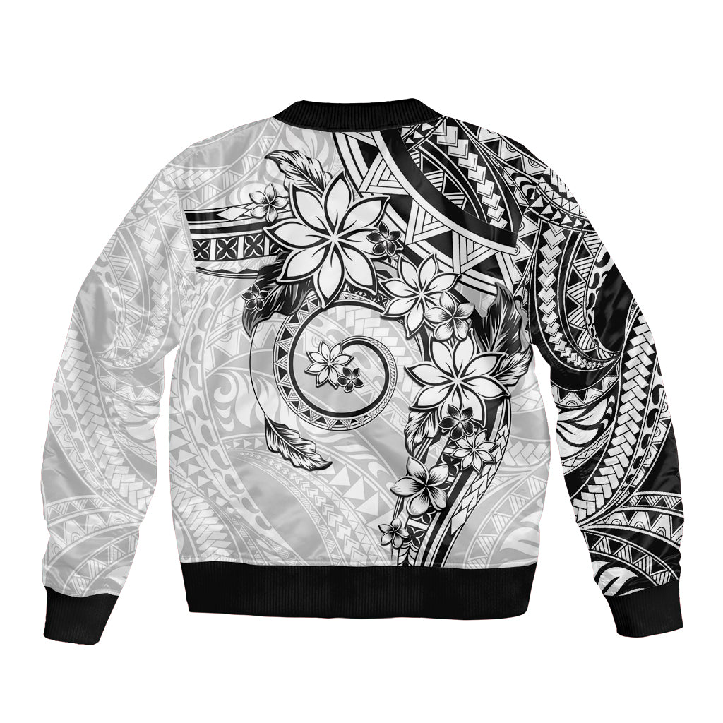 Polynesian Pattern With Plumeria Flowers Sleeve Zip Bomber Jacket White LT05 - Polynesian Pride