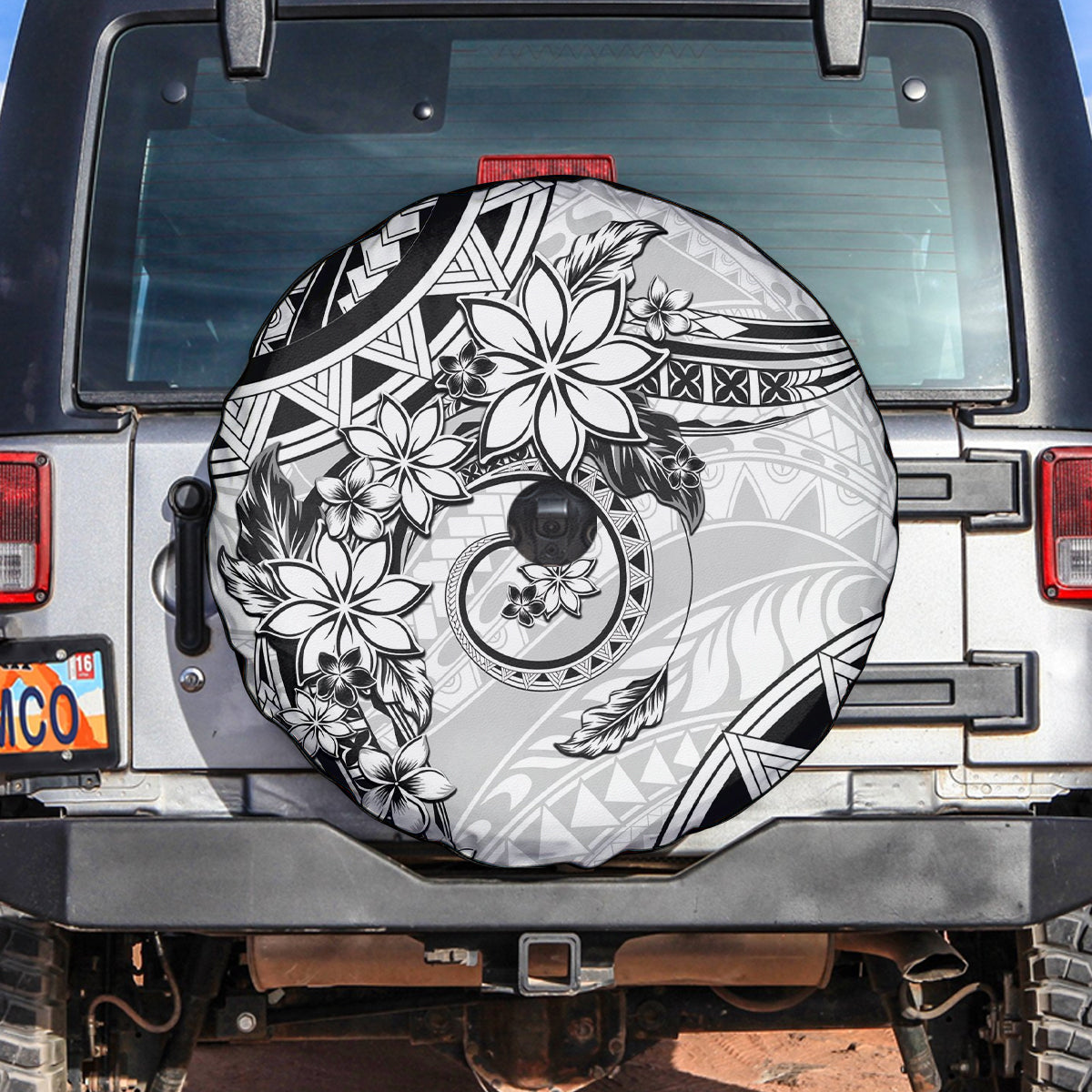Polynesian Pattern With Plumeria Flowers Spare Tire Cover White LT05 White - Polynesian Pride