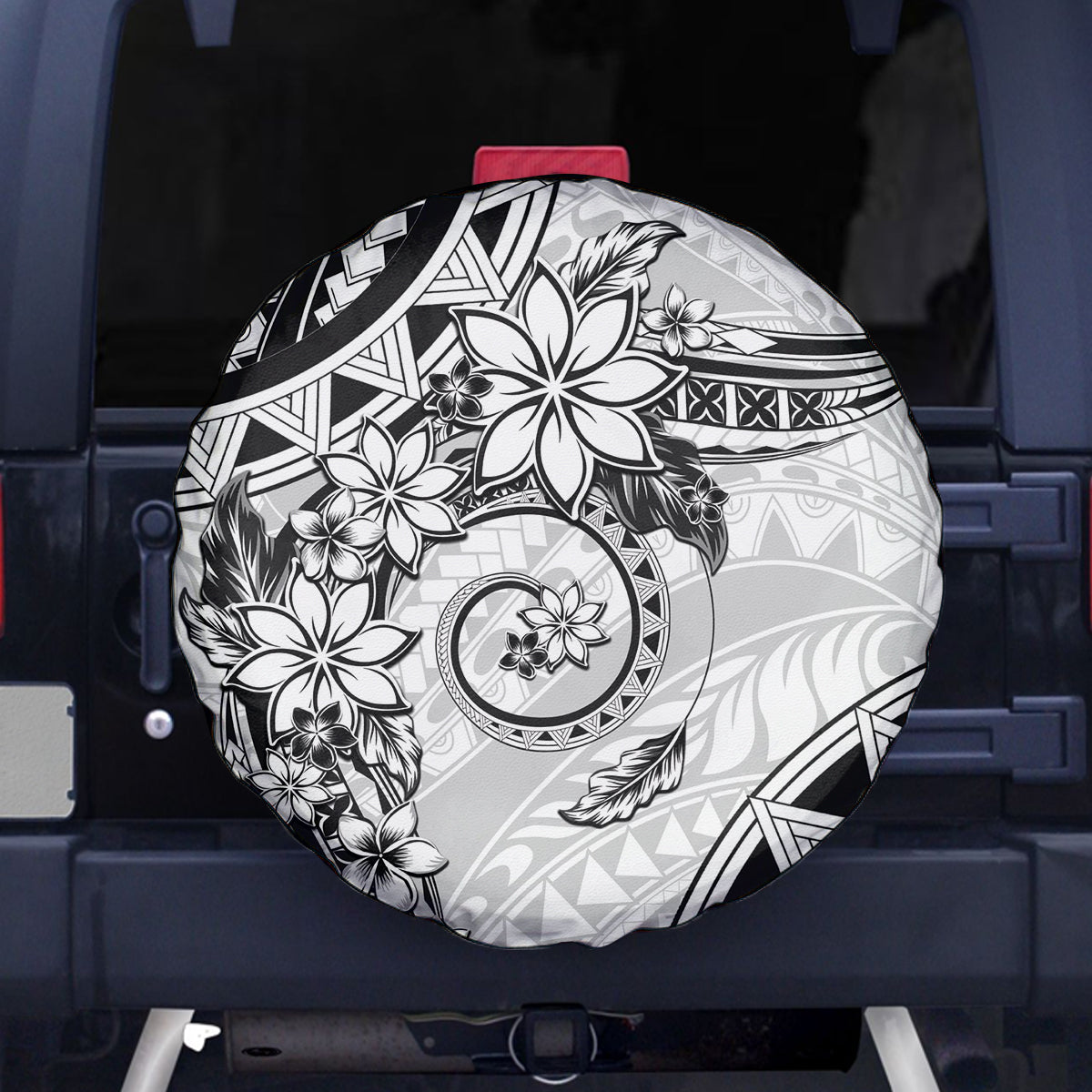 Polynesian Pattern With Plumeria Flowers Spare Tire Cover White LT05 - Polynesian Pride