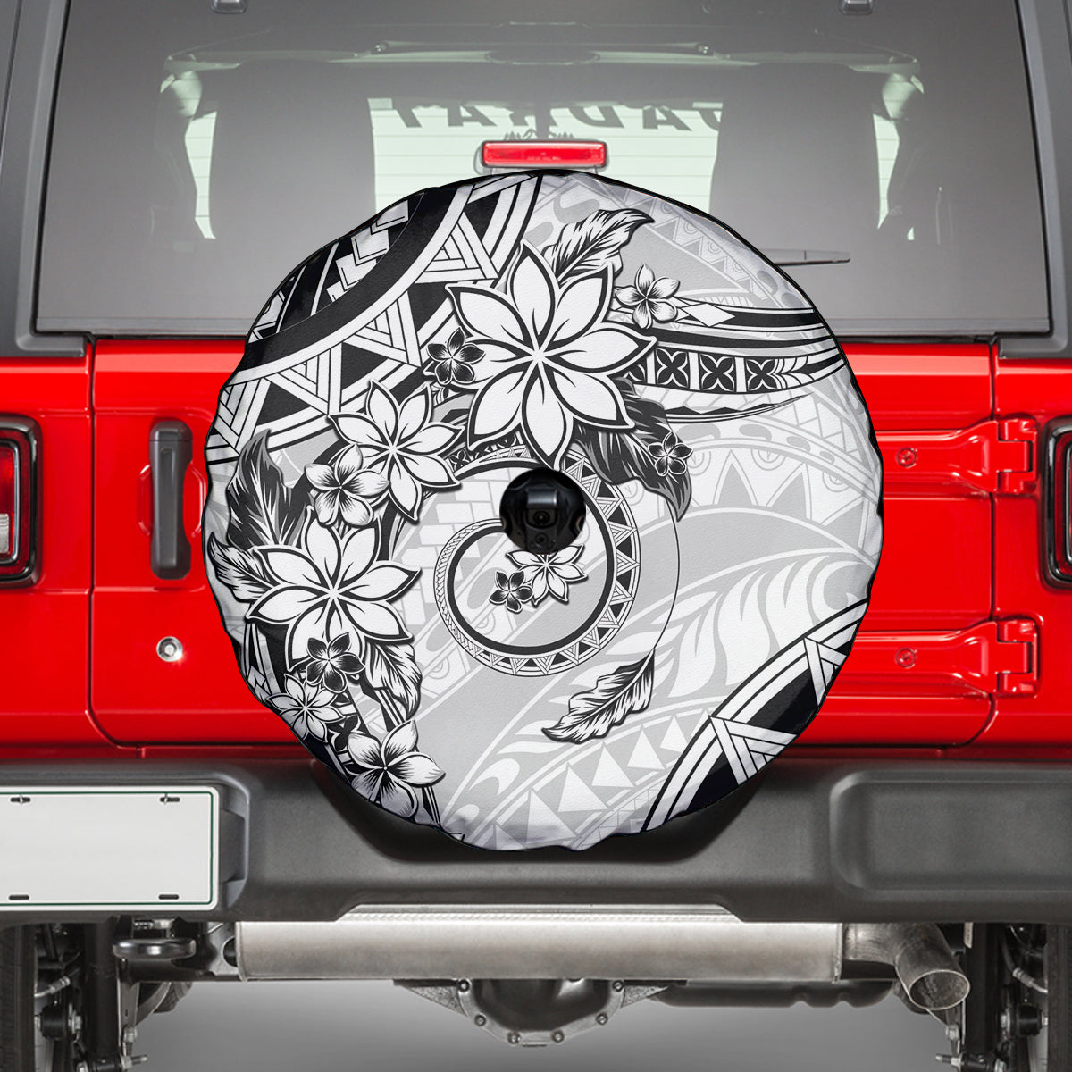 Polynesian Pattern With Plumeria Flowers Spare Tire Cover White LT05 - Polynesian Pride