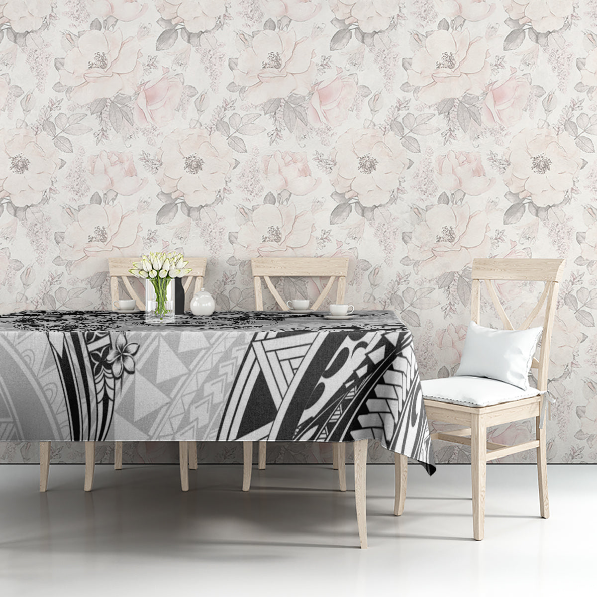Polynesian Pattern With Plumeria Flowers Tablecloth White LT05 - Polynesian Pride