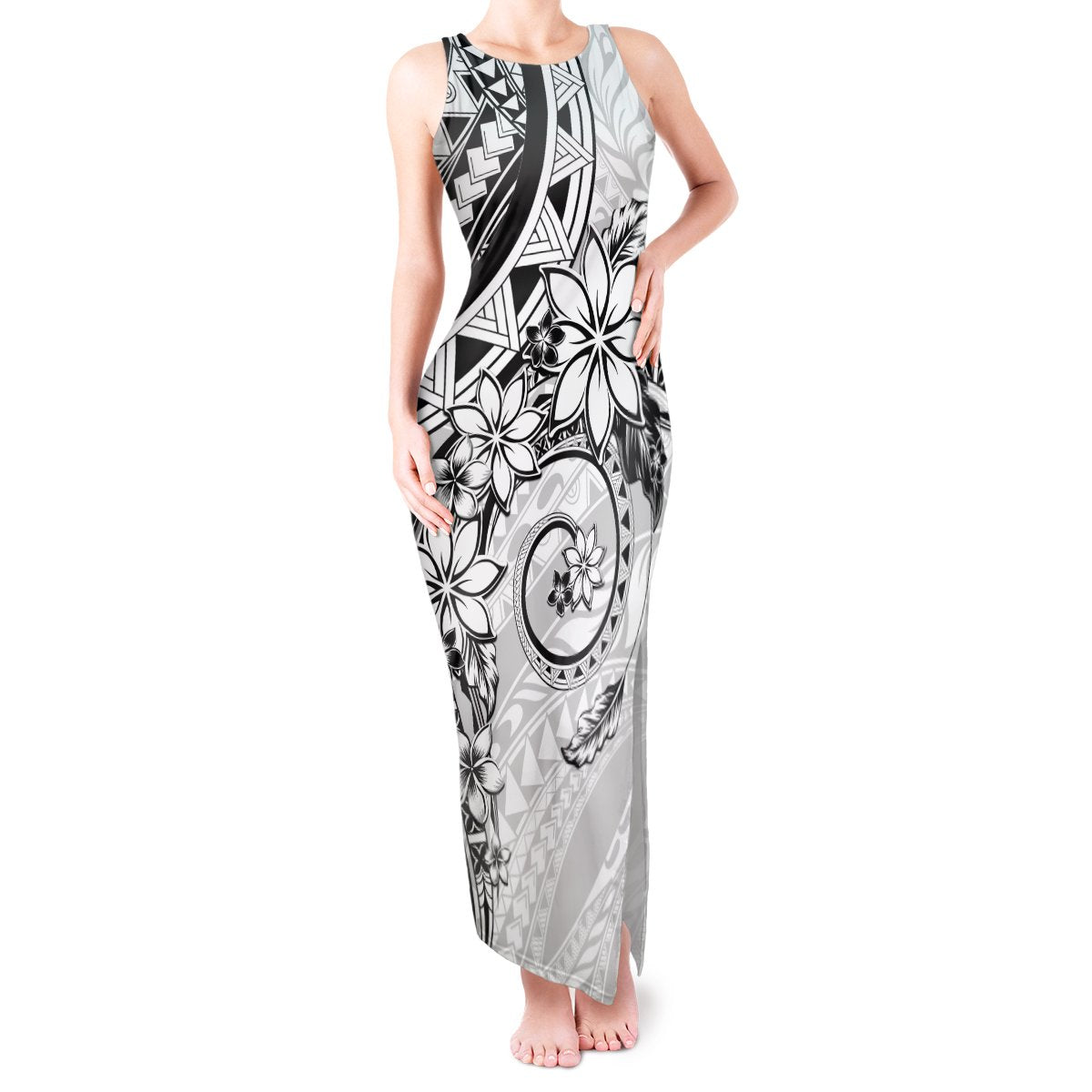 Polynesian Pattern With Plumeria Flowers Tank Maxi Dress White LT05 Women White - Polynesian Pride