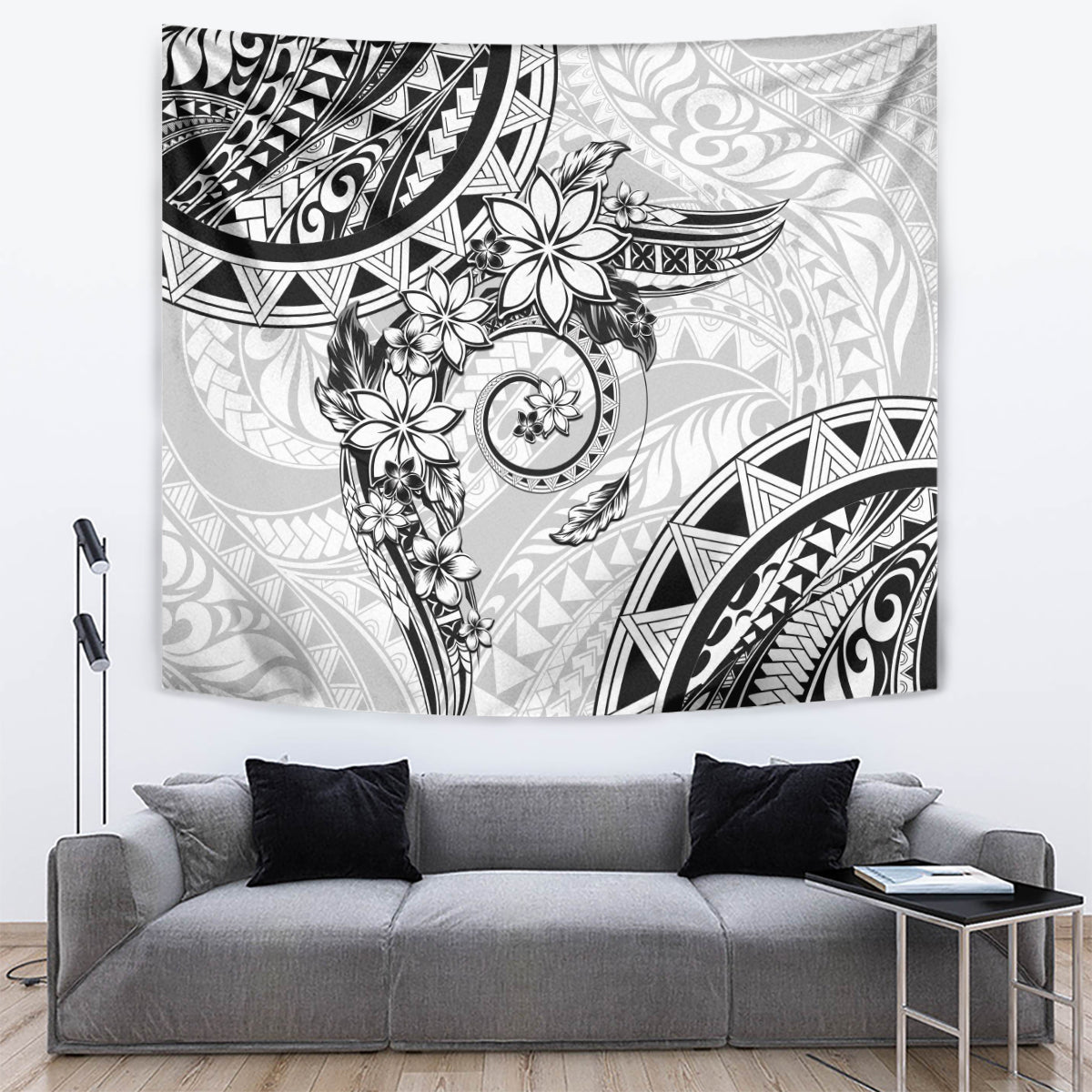 Polynesian Pattern With Plumeria Flowers Tapestry White LT05 White - Polynesian Pride
